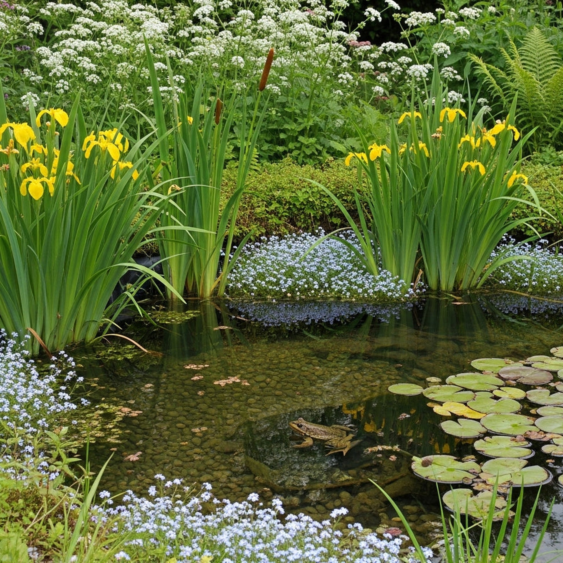 Natural wildlife pond with butyl liner, native British plants and wildlife