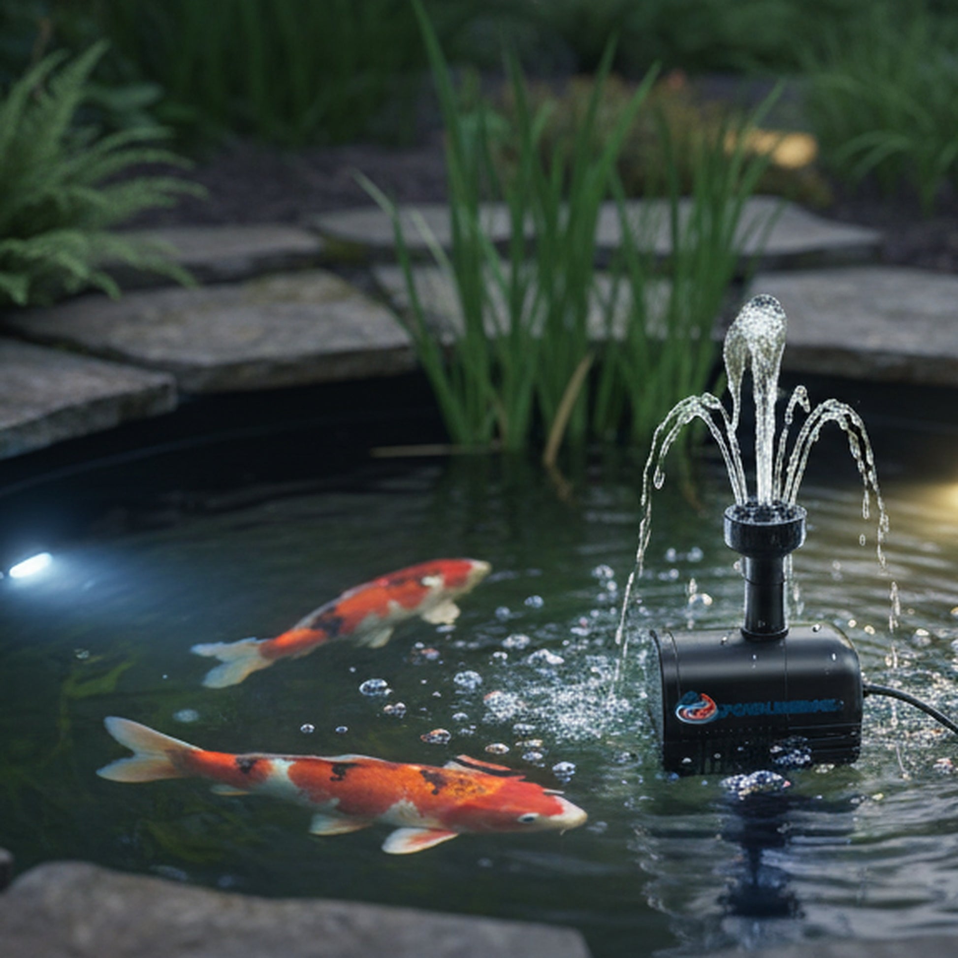 Pond LED lights illuminating a UK garden koi pond at dusk – PondLiners Co