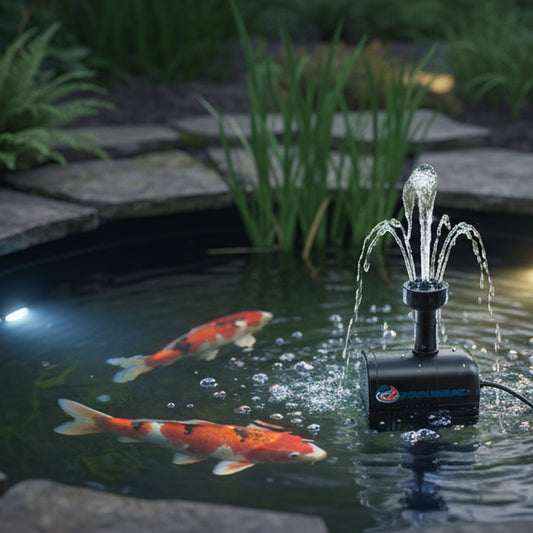 Pond LED lights illuminating a UK garden koi pond at dusk – PondLiners Co