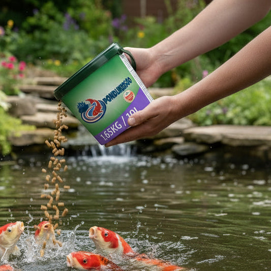 Pond fish food sticks being fed to koi in UK garden pond