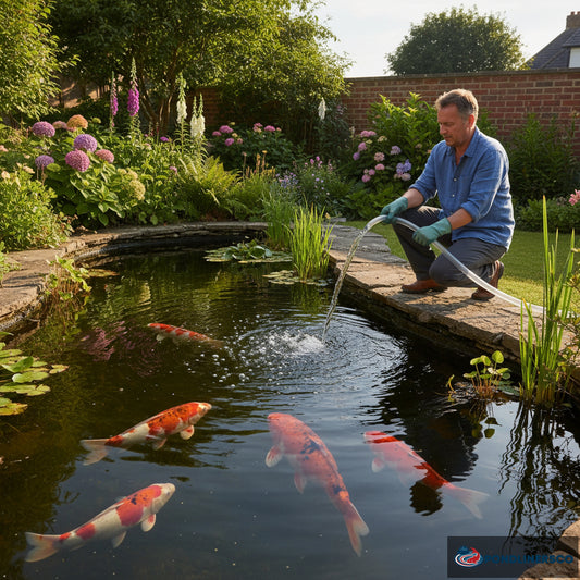 Pond water change with tap water being added to koi pond