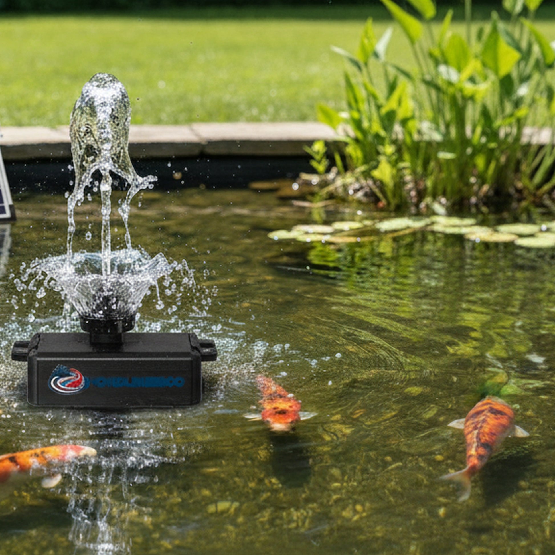 Solar powered pond fountain pump creating water spray in koi pond