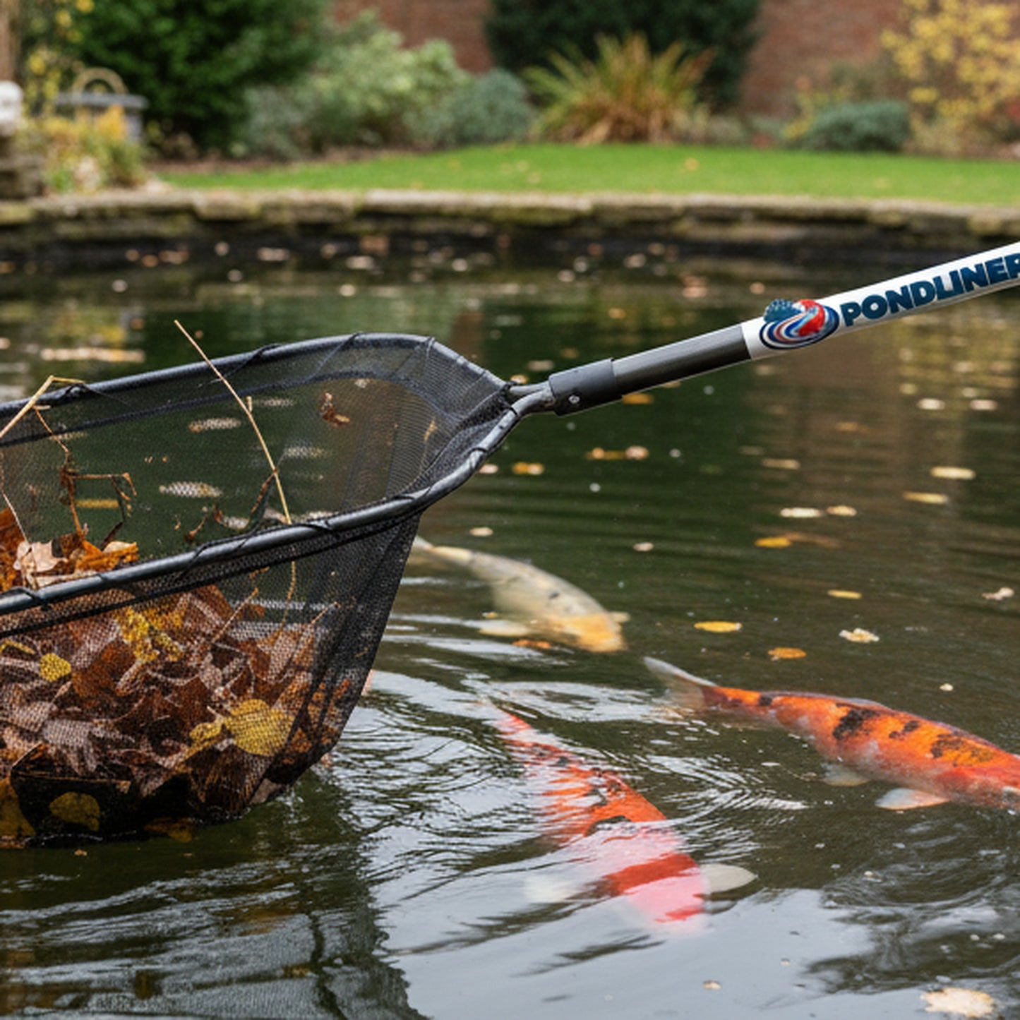 Heavy duty pond skimmer net removing debris from a UK koi pond – PondLiners Co