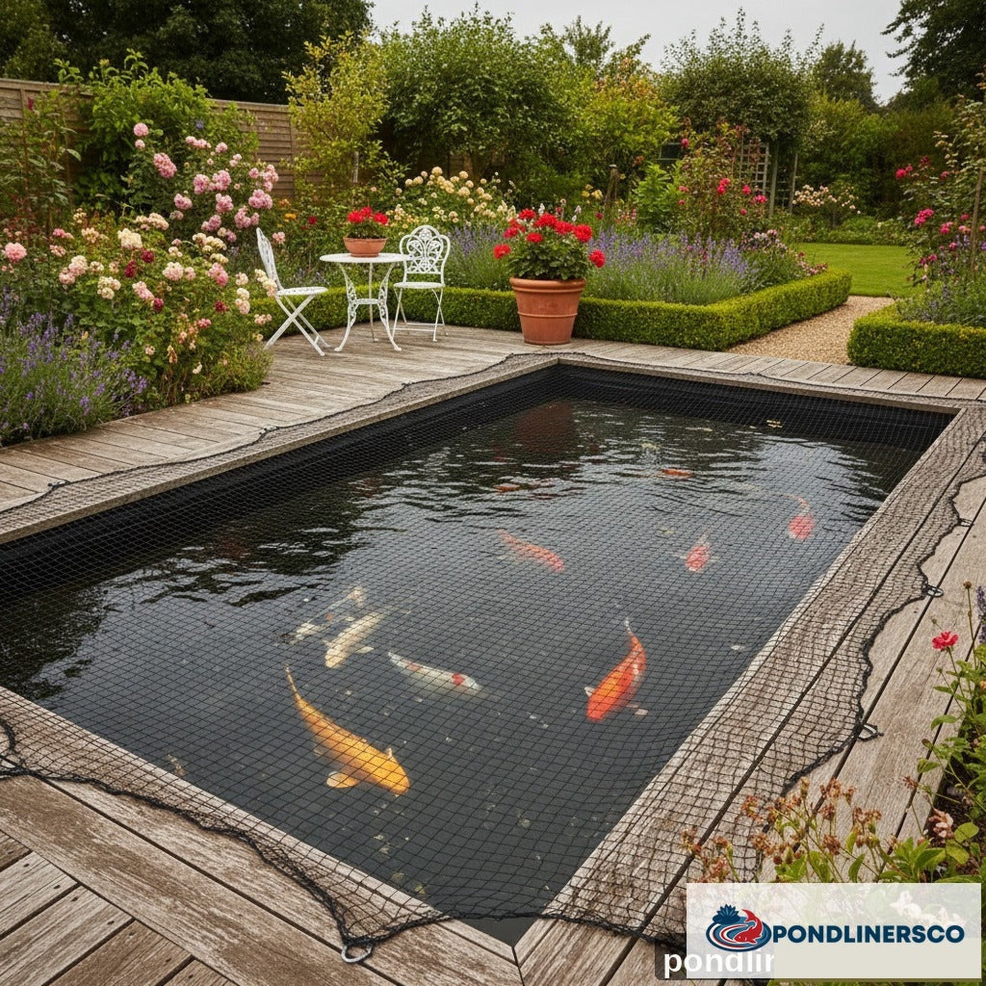 Fine mesh koi pond net cover with orange koi fish visible - UK garden pond protection