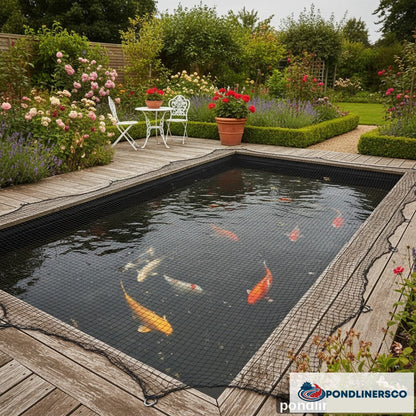 Fine mesh koi pond net cover with orange koi fish visible - UK garden pond protection