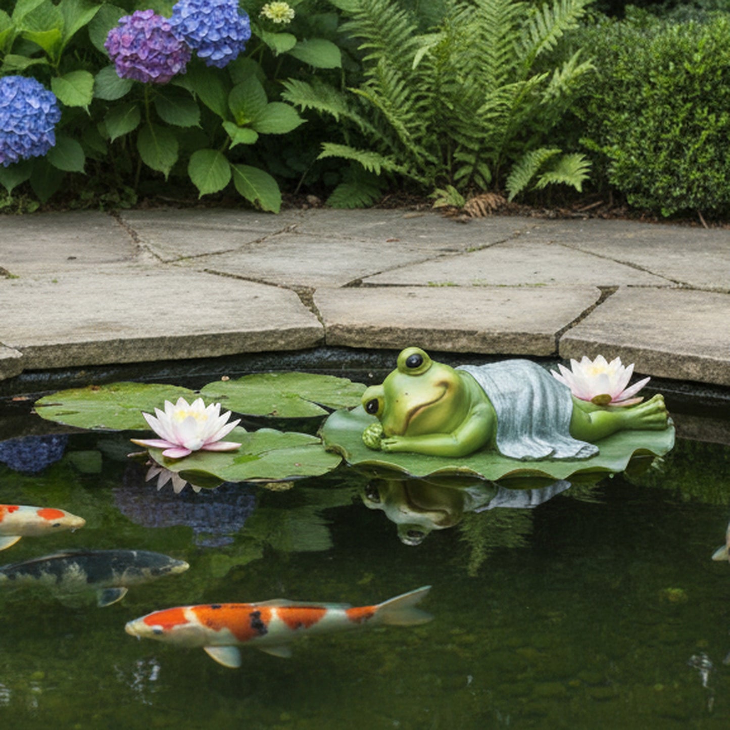 Lazy frog garden statues beside garden pond with koi fish and lily pads