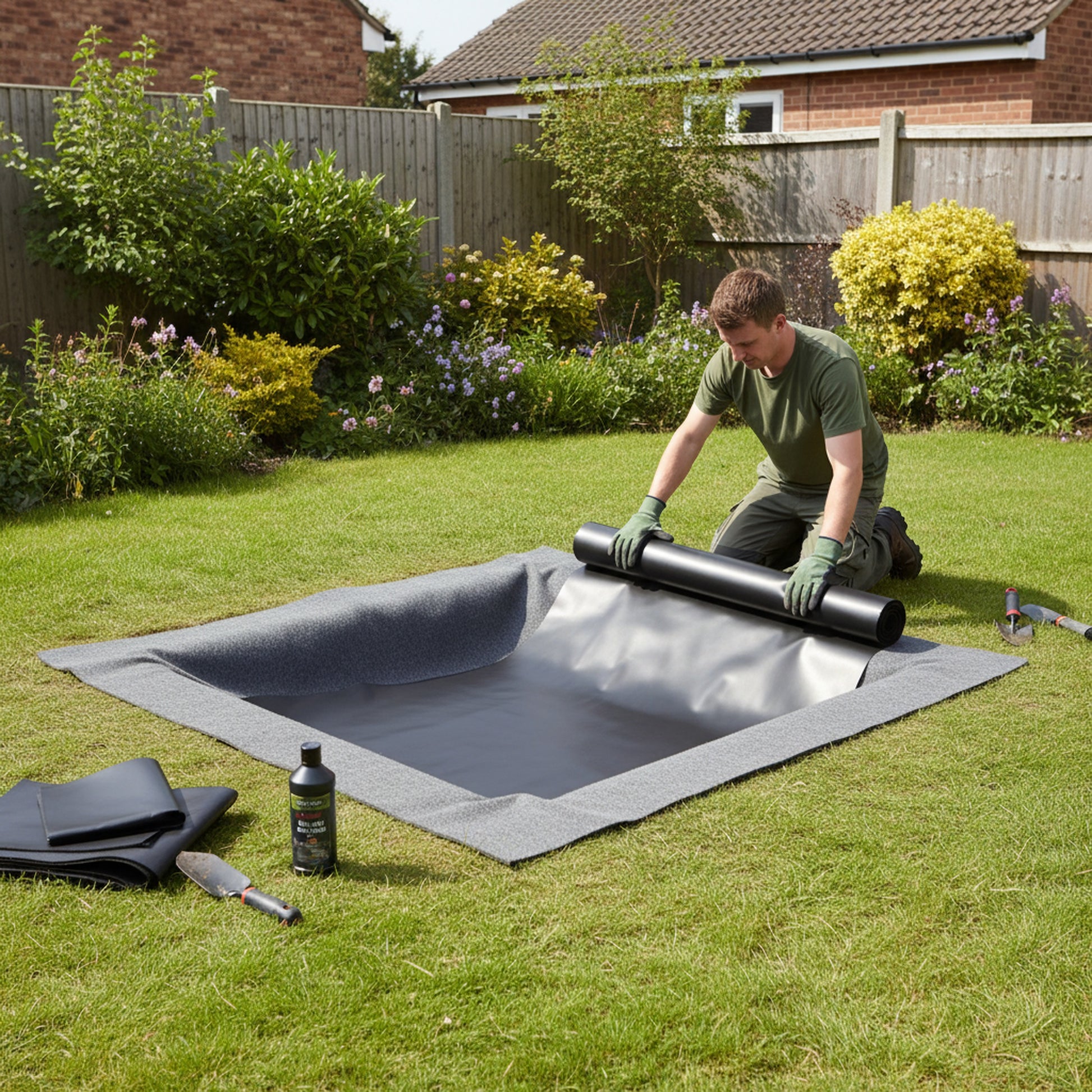 Wildlife pond starter kit being installed - laying LDPE liner and underlay in garden pond hole
