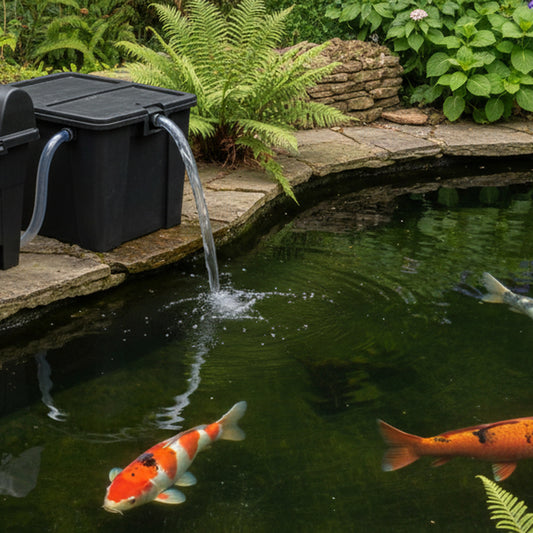 Pond UV clarifier installed beside a crystal clear UK koi pond – PondLiners Co