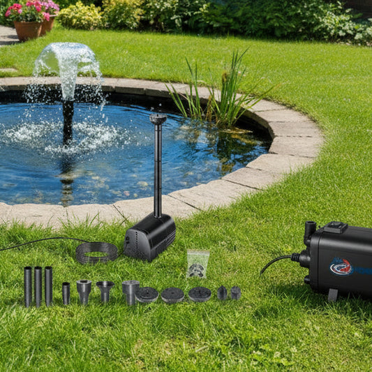 Solar pond fountain pump with mushroom spray in UK garden pond