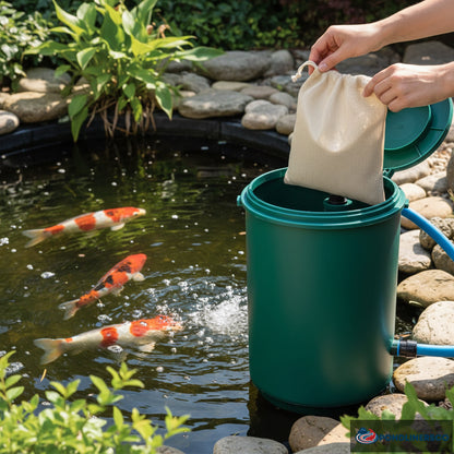 Filter media pouch being installed in pond filter beside koi pond