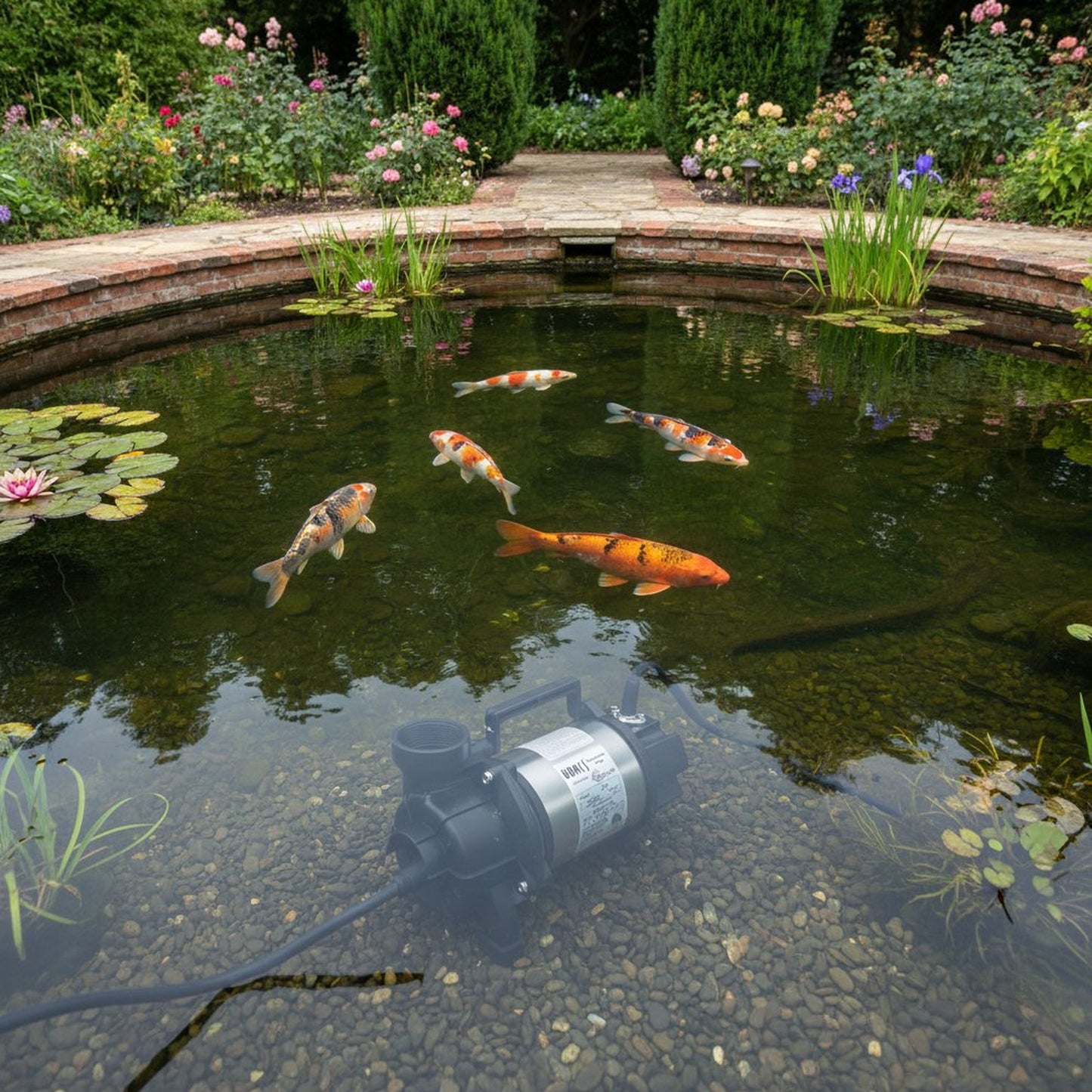 Professional submersible koi pond pump 3000GPH in large UK pond