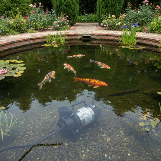 Professional submersible koi pond pump 3000GPH in large UK pond