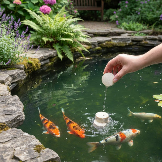 Pond muck and sludge reducer tablets being added to UK garden pond