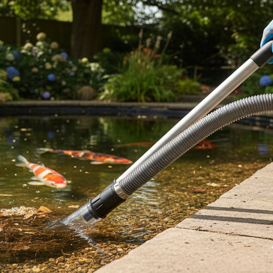 Pond vacuum cleaner removing sludge from a UK garden koi pond – PondLiners Co