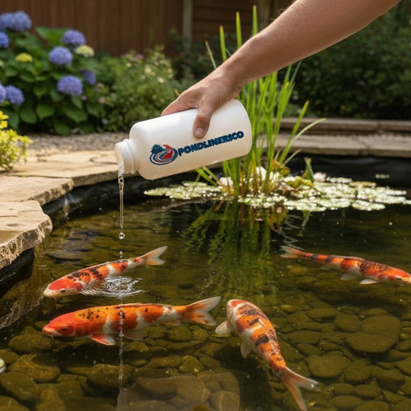 Pond blanket weed treatment applied to UK garden pond with koi fish