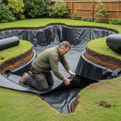 Butyl rubber pond liner being installed in garden koi pond by landscaper