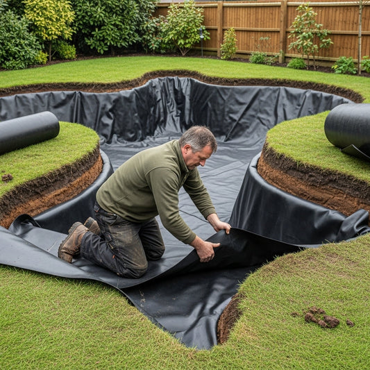 Butyl rubber pond liner being installed in garden koi pond by landscaper