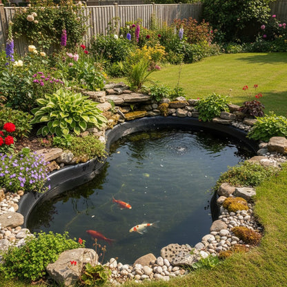 Pre-formed garden pond installed in UK garden with goldfish and plants