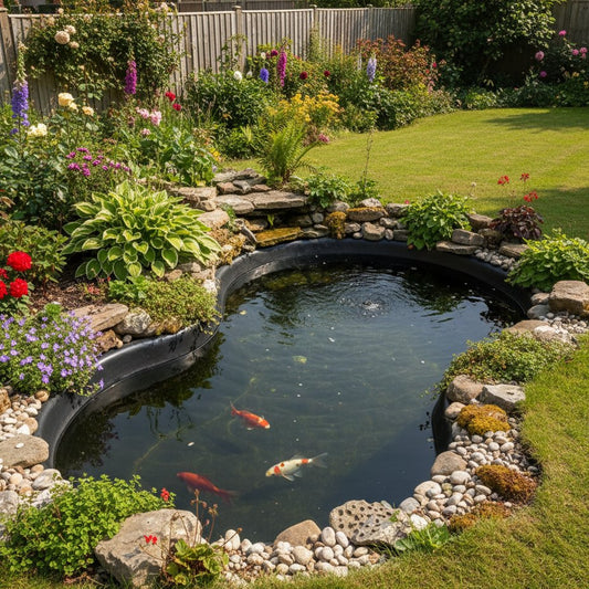 Pre-formed garden pond installed in UK garden with goldfish and plants