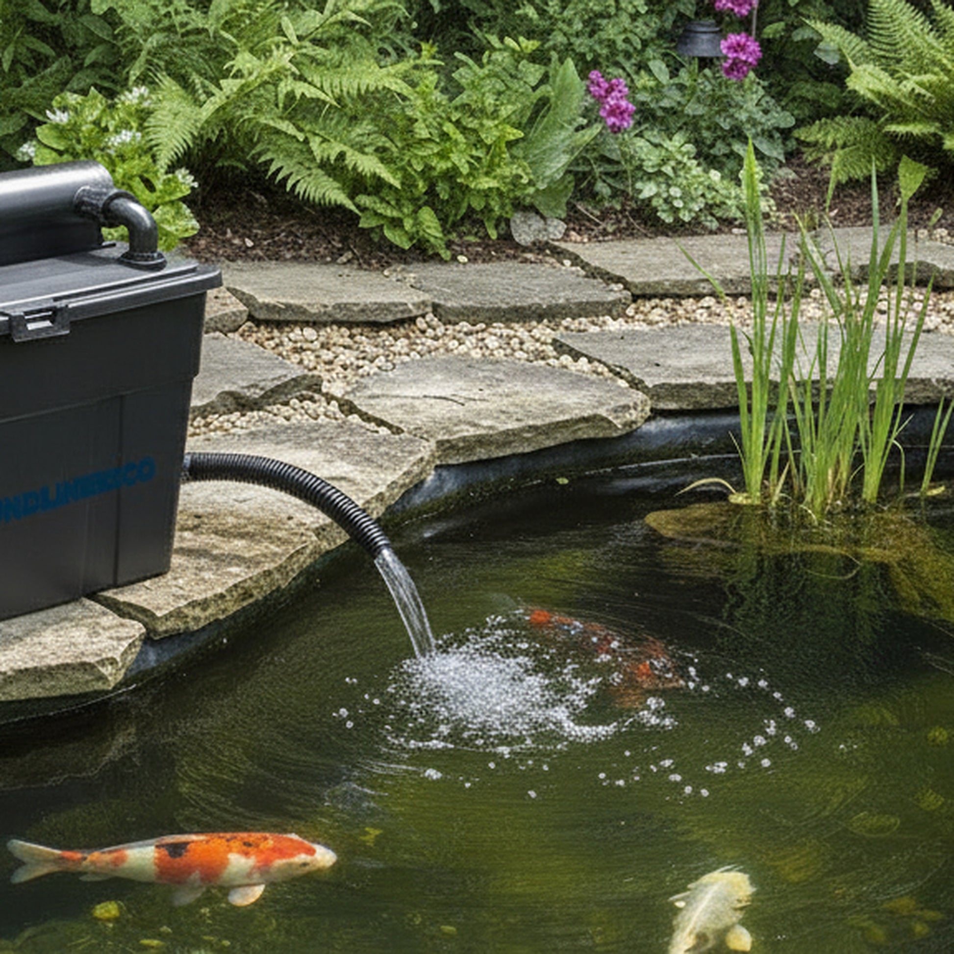 Complete pond filter UV set installed beside garden koi pond