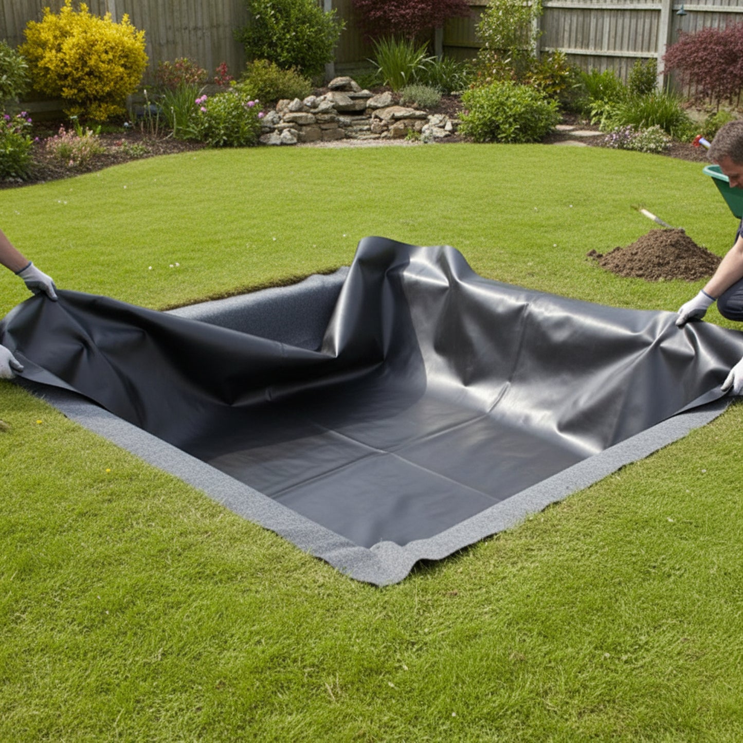Installing wildlife pond liner and underlay in garden - pond kit installation guide