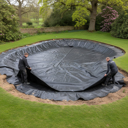 1.0mm EPDM rubber pond liner installation in large UK garden pond