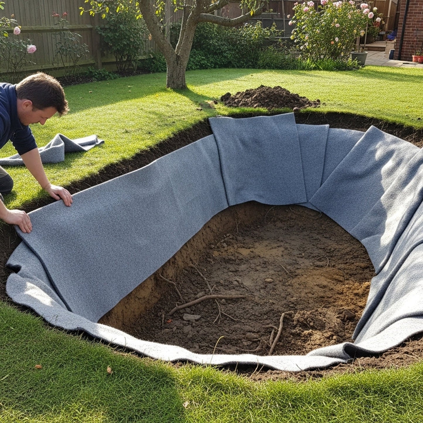 Pond liner underlay geotextile fleece being laid in garden pond excavation