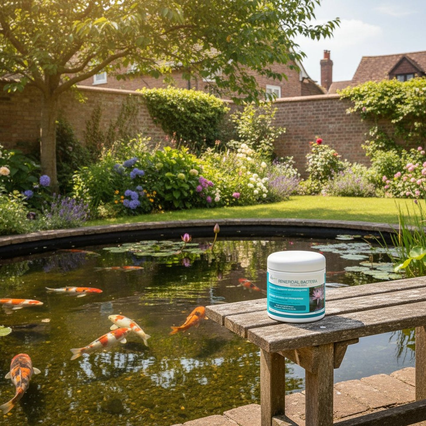 Natural pond bacteria treatment powder with clear koi pond in garden
