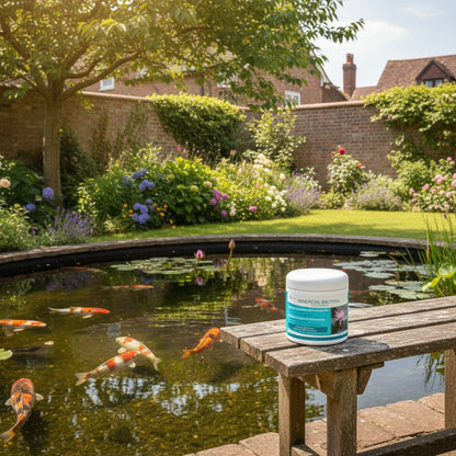 Natural pond bacteria treatment powder with clear koi pond in garden
