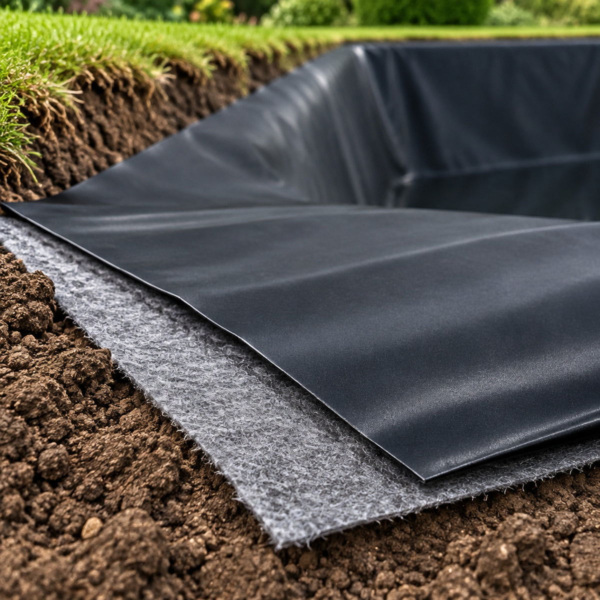 Close-up of the black HDPE liner edge lying on grey non-woven underlay felt at the side of a newly dug pond