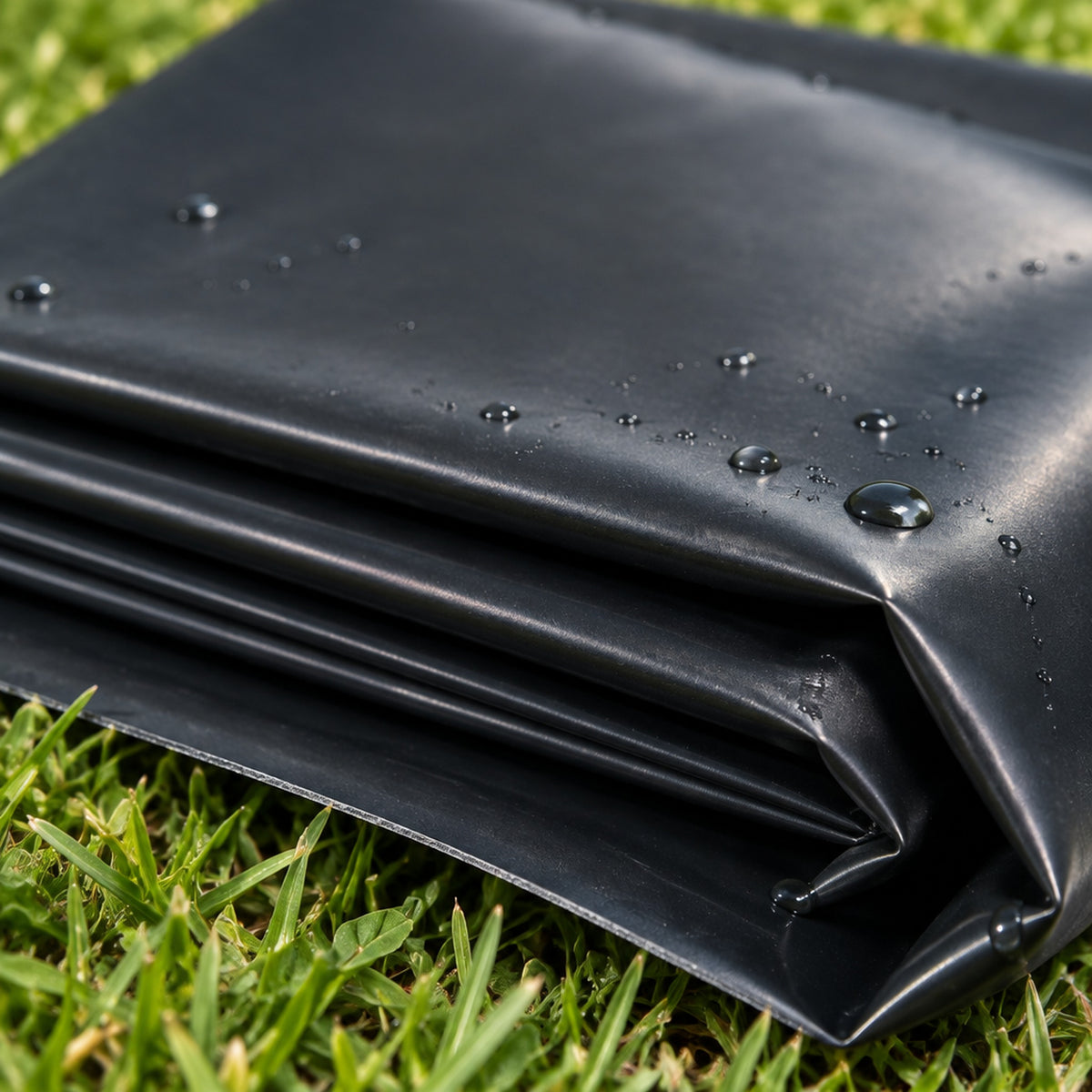Macro view of folded black HDPE pond liner showing crease lines, slight sheen and water droplets on a lawn