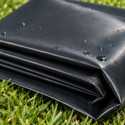 Macro view of folded black HDPE pond liner showing crease lines, slight sheen and water droplets on a lawn
