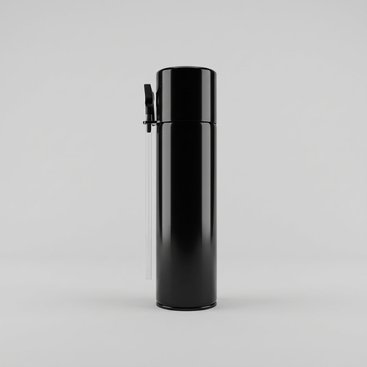 Plain black 500ml expanding waterfall foam aerosol can with clear applicator straw on a neutral grey background