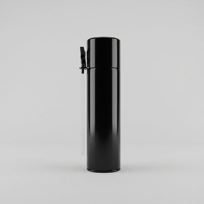 Plain black 500ml expanding waterfall foam aerosol can with clear applicator straw on a neutral grey background