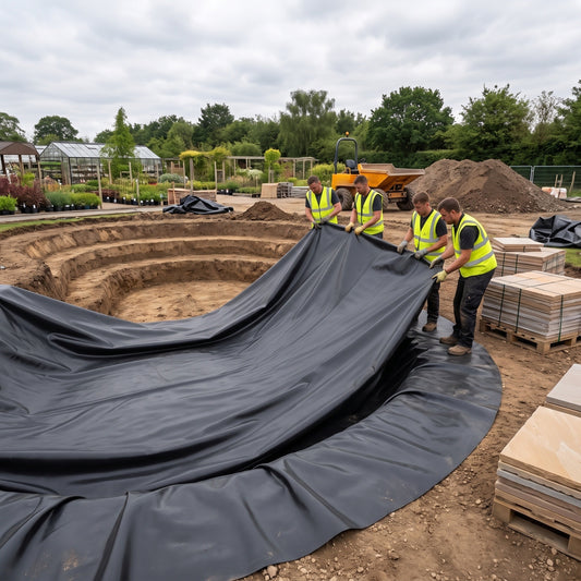 Landscaping crew pulling a large black butyl rubber liner across a curved pond excavation at a garden centre display build