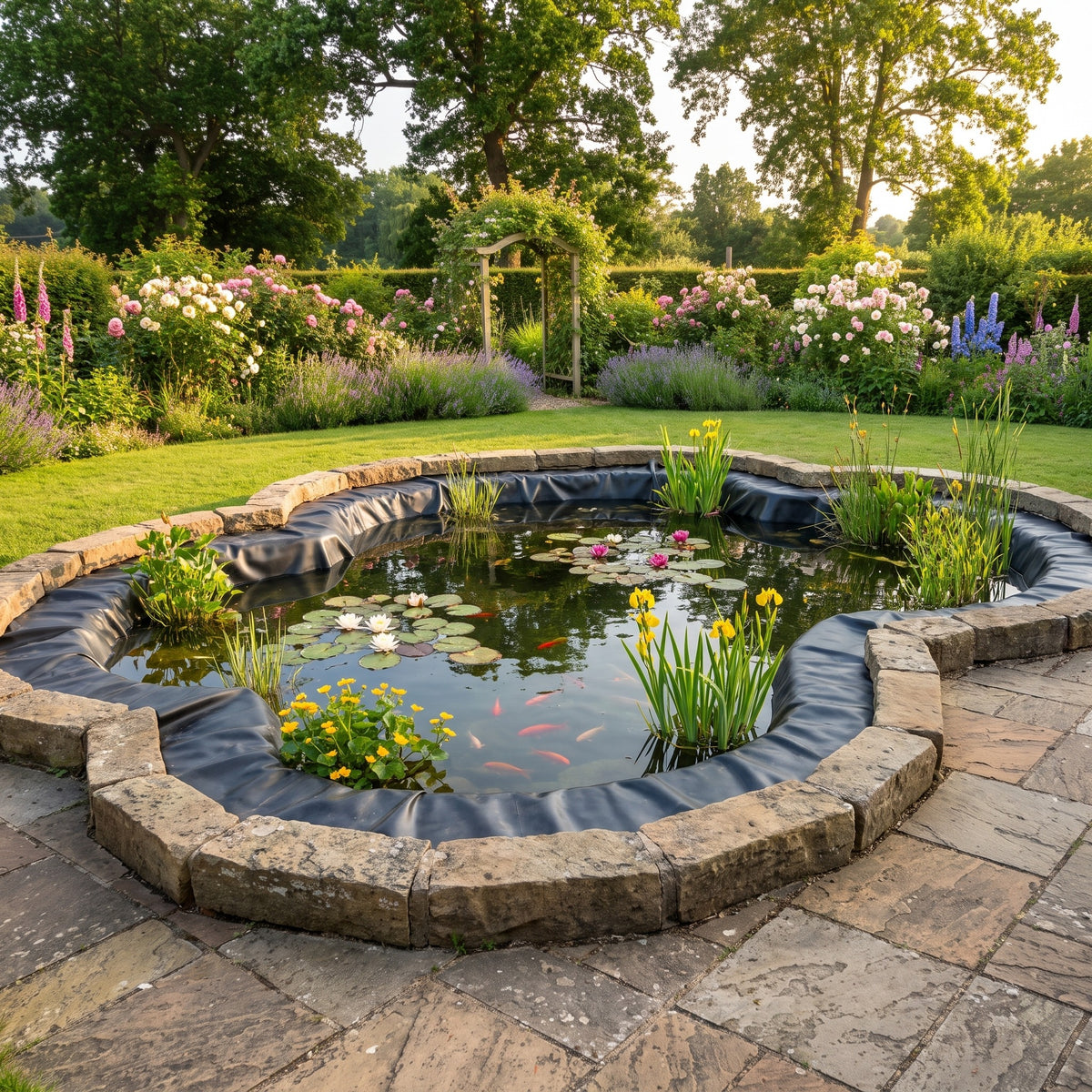 Finished cottage garden pond with water lilies, irises and goldfish, black butyl liner tucked under stone edging