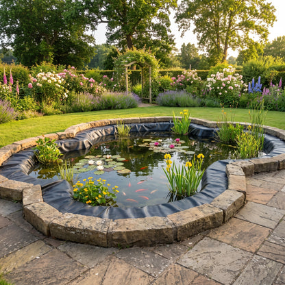 Finished cottage garden pond with water lilies, irises and goldfish, black butyl liner tucked under stone edging