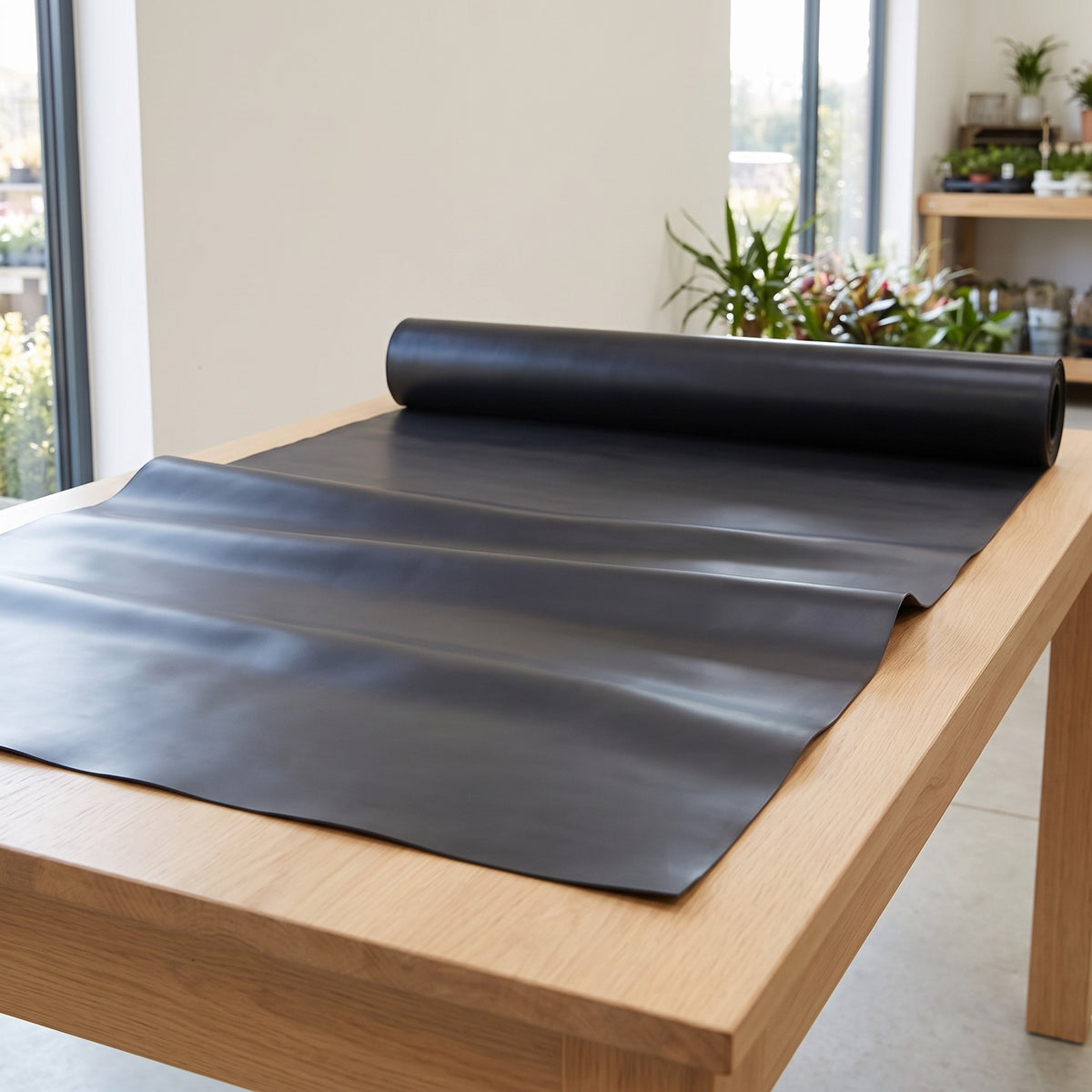 Roll of black butyl rubber pond liner partly unrolled across a wooden table