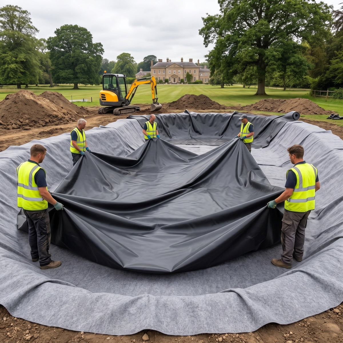 Landscaping crew spreading a large black butyl pond liner over grey geotextile underlay in a big estate pond excavation