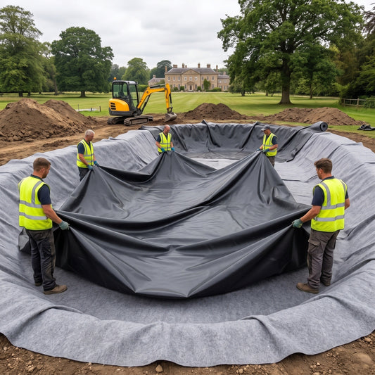 Landscaping crew spreading a large black butyl pond liner over grey geotextile underlay in a big estate pond excavation