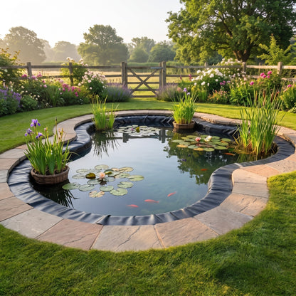 Finished back garden wildlife pond with water lilies and goldfish, black butyl liner under stone and turf edging