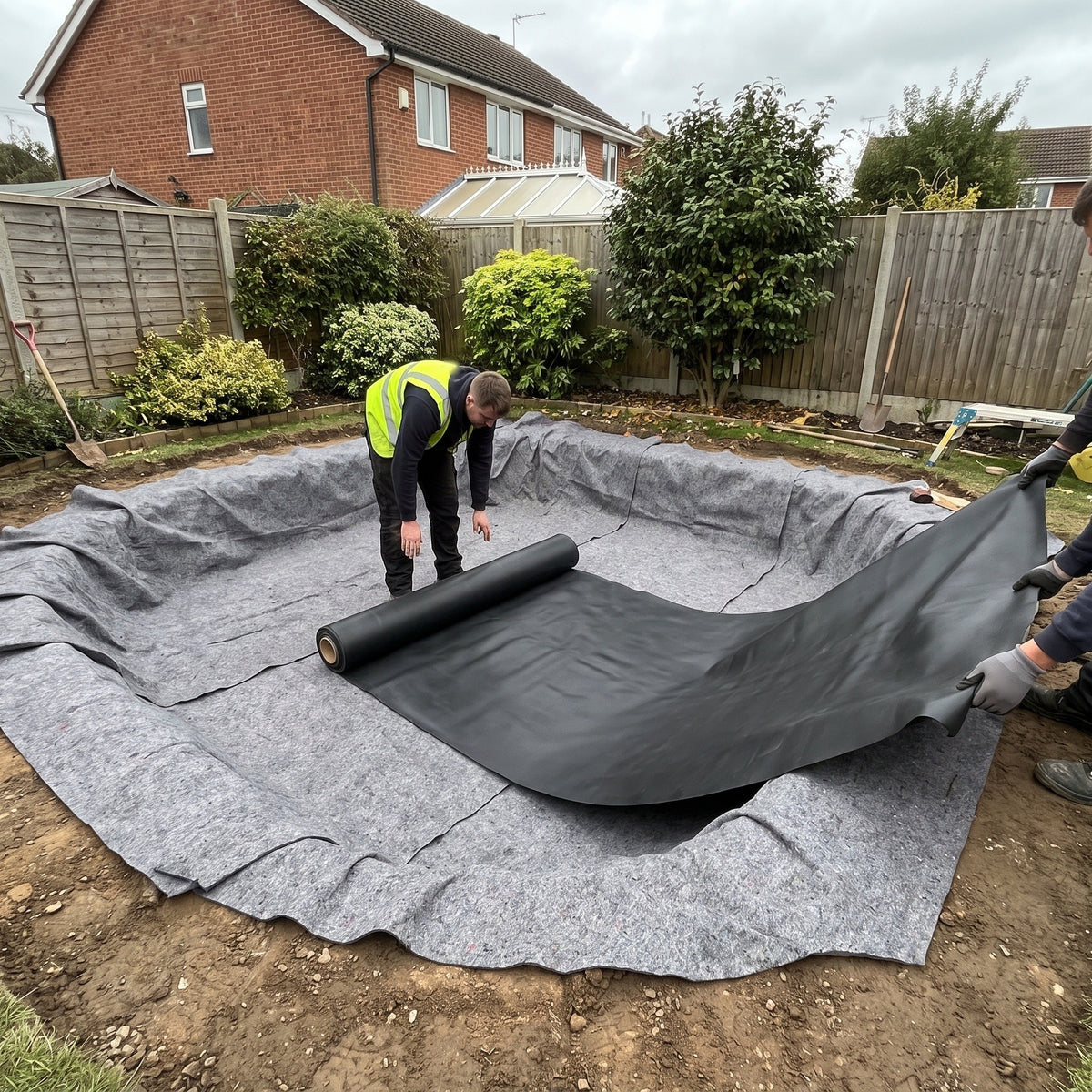 Installer unrolling black butyl pond liner over grey geotextile underlay in a back garden pond excavation