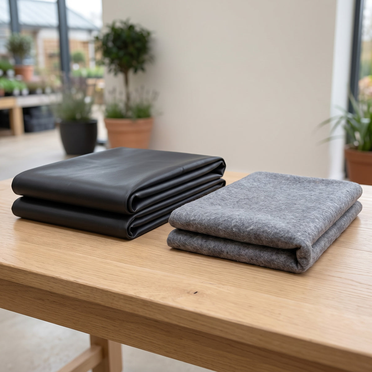 Folded black butyl pond liner and folded grey geotextile underlay side by side on a wooden table