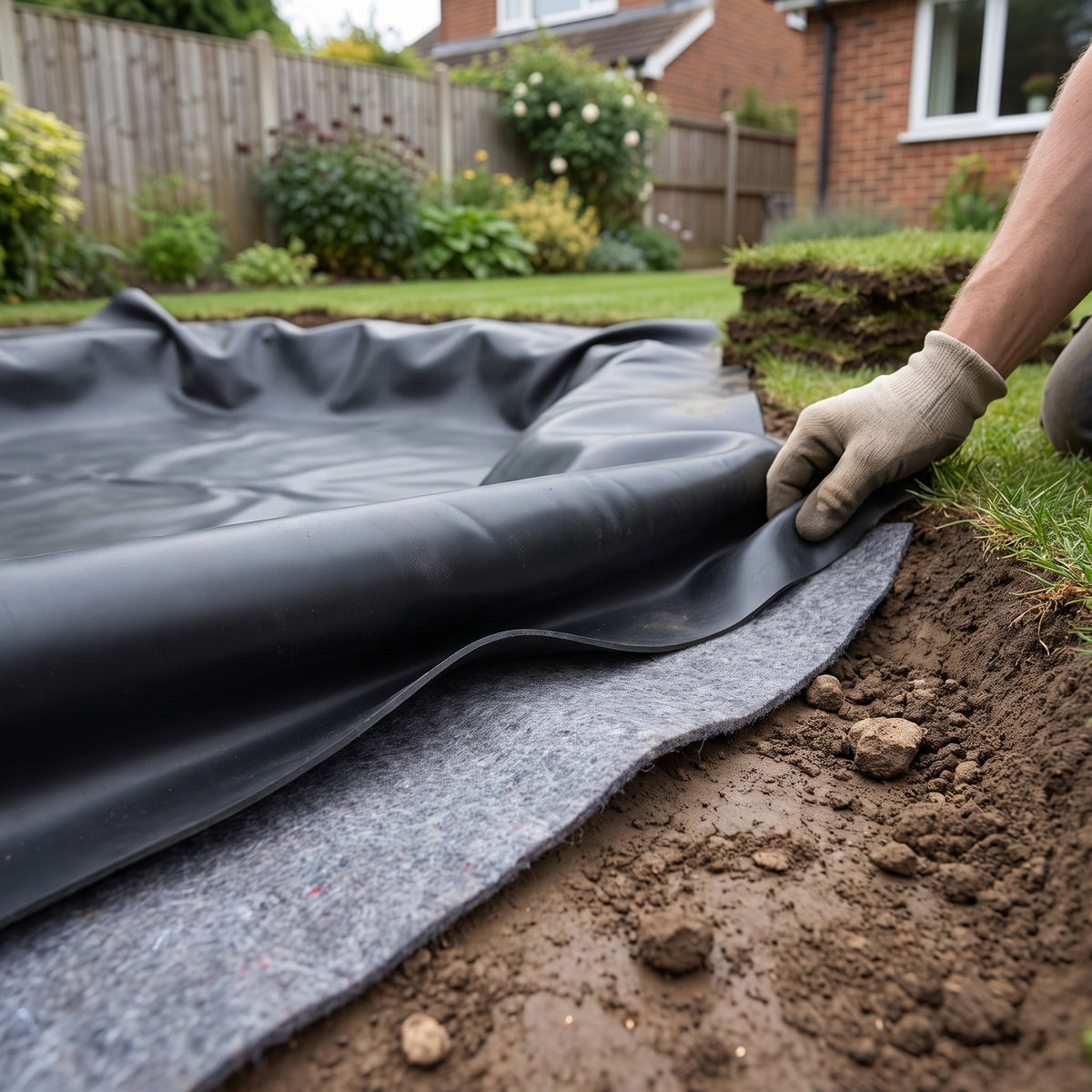 Black butyl pond liner turned back at the pond edge to show grey geotextile underlay beneath