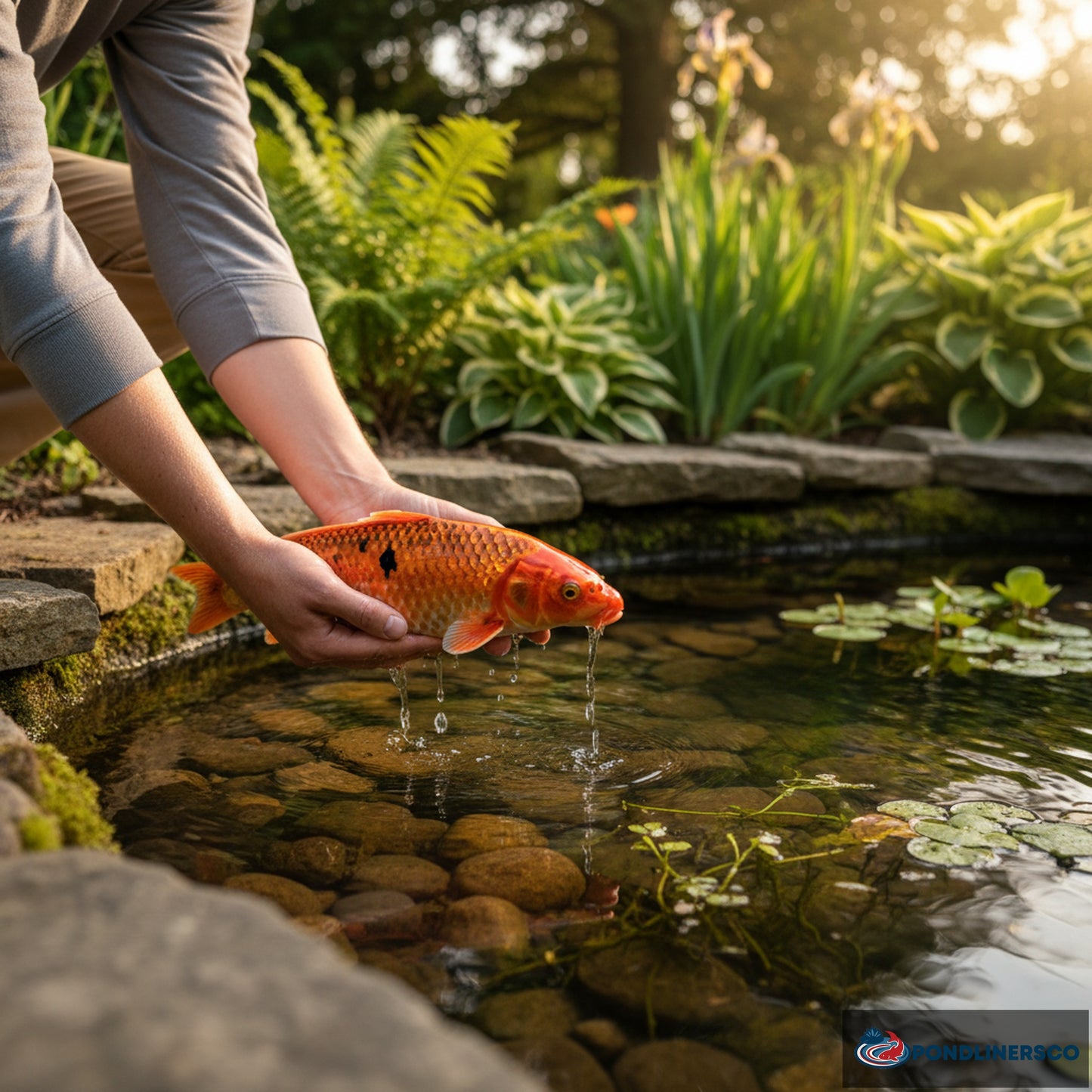 Healthy koi fish being treated in UK garden pond