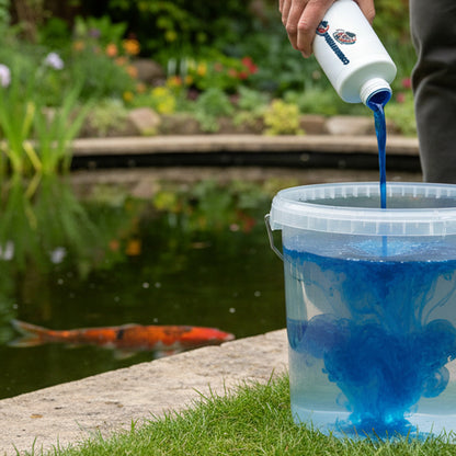 Blue pond dye being applied to a UK garden koi pond – PondLiners Co