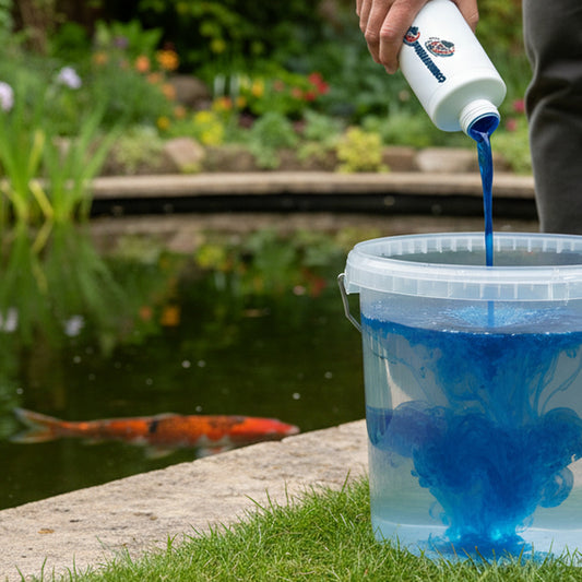 Blue pond dye being applied to a UK garden koi pond – PondLiners Co