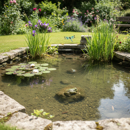 Beautiful completed wildlife pond in UK garden with aquatic plants, frogs and dragonflies