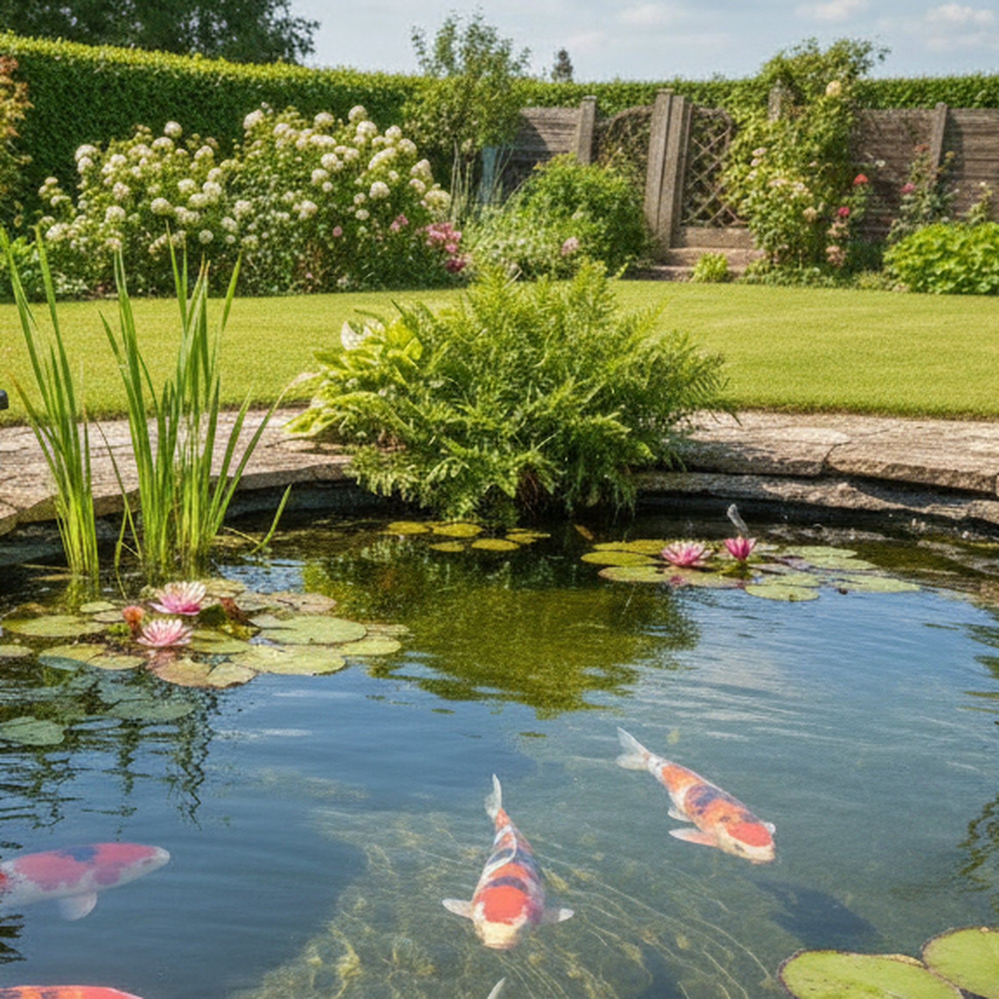 Crystal clear koi pond maintained by UV pond filter system