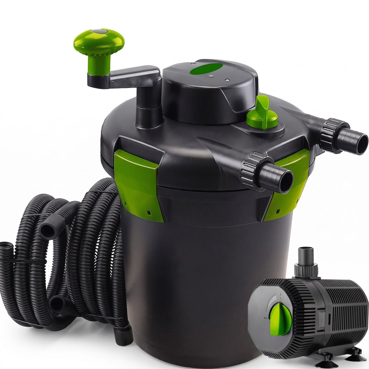 Compact pond filter UV set with lime-green panels, submersible pump and hose on a white background (3000L and 5000L sets)